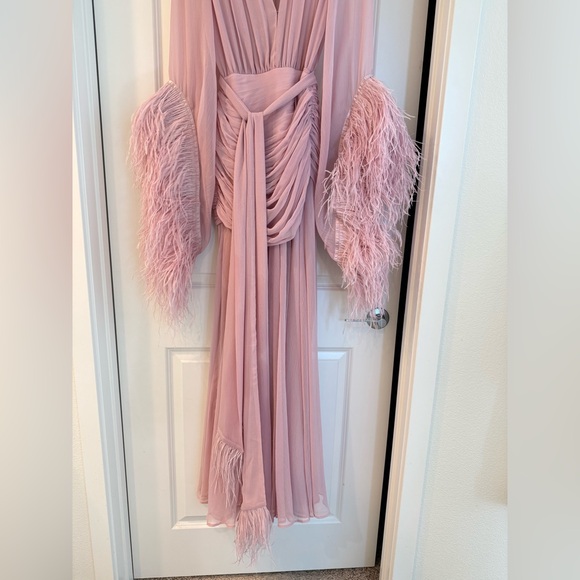 NWOT BRONX AND BANCO Geisha Pink Maxi Dress Elegant Feathered Gown - Picture 11 of 15